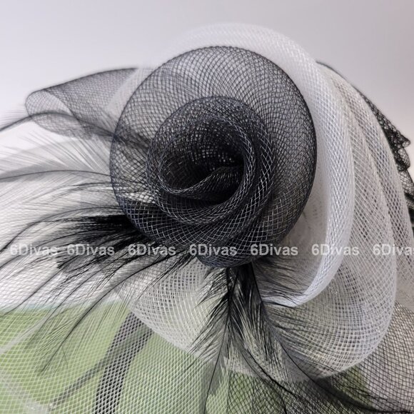 BLACK and White Headband Fascinator with Rosettes and Feathers - Picture 8 of 13